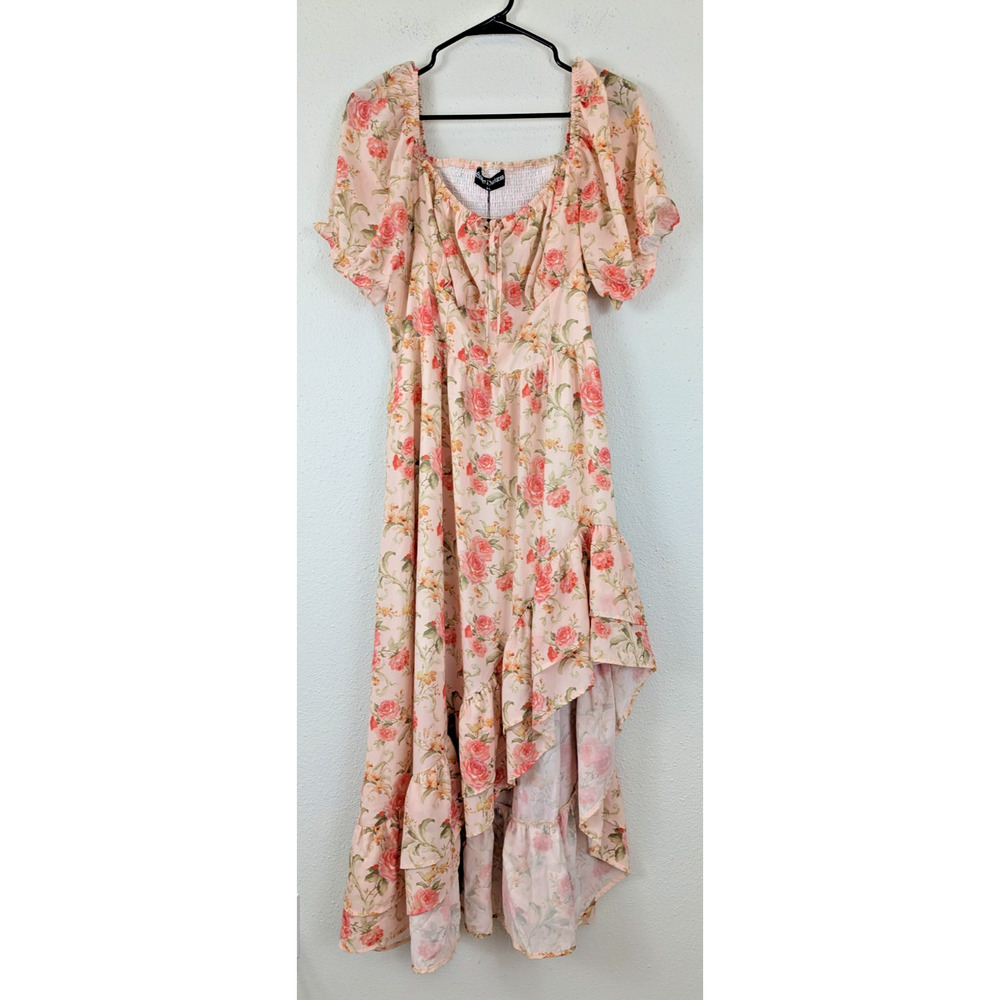 Floral Puff-Sleeve Midi Dress in Blush Pink